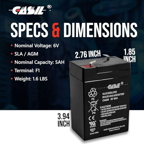 6V 5Ah Rechargeable Battery Pack for Ride-On Toys, AGM SLA, Emergency Light, 4.5