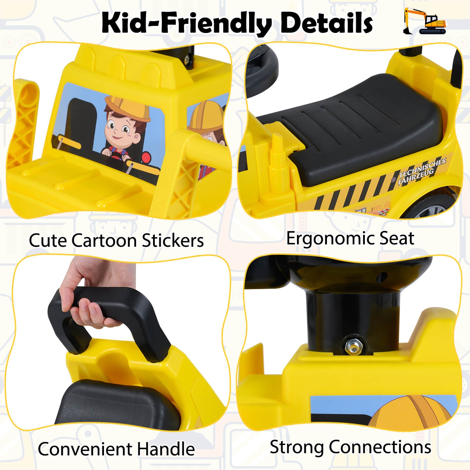 2-in-1 Ride on Excavator with Detachable Trailer, Shovel, Engine Sound, Music
