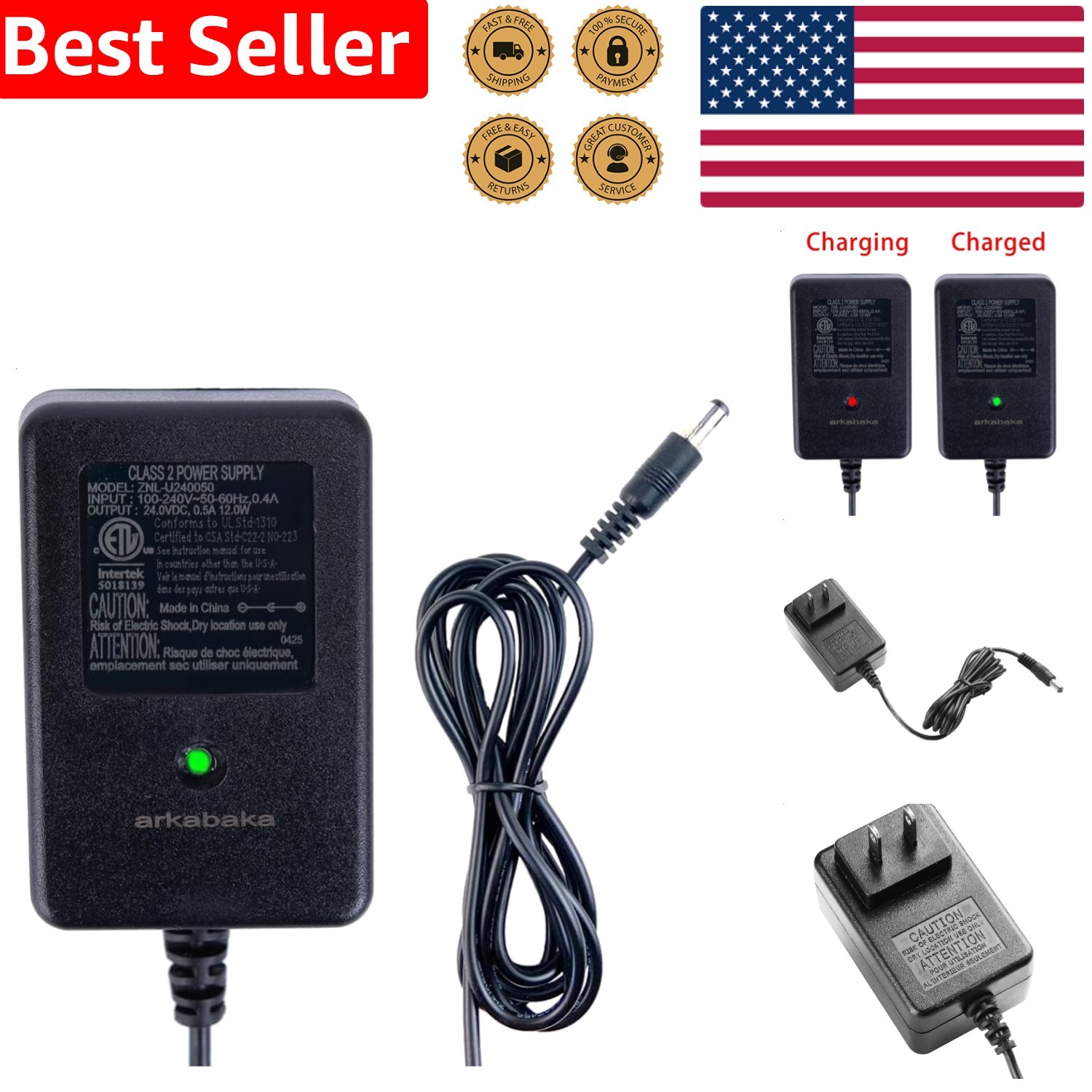 24V Ride On Toy Battery Charger – 2-Pin Plug Safe 0.36A