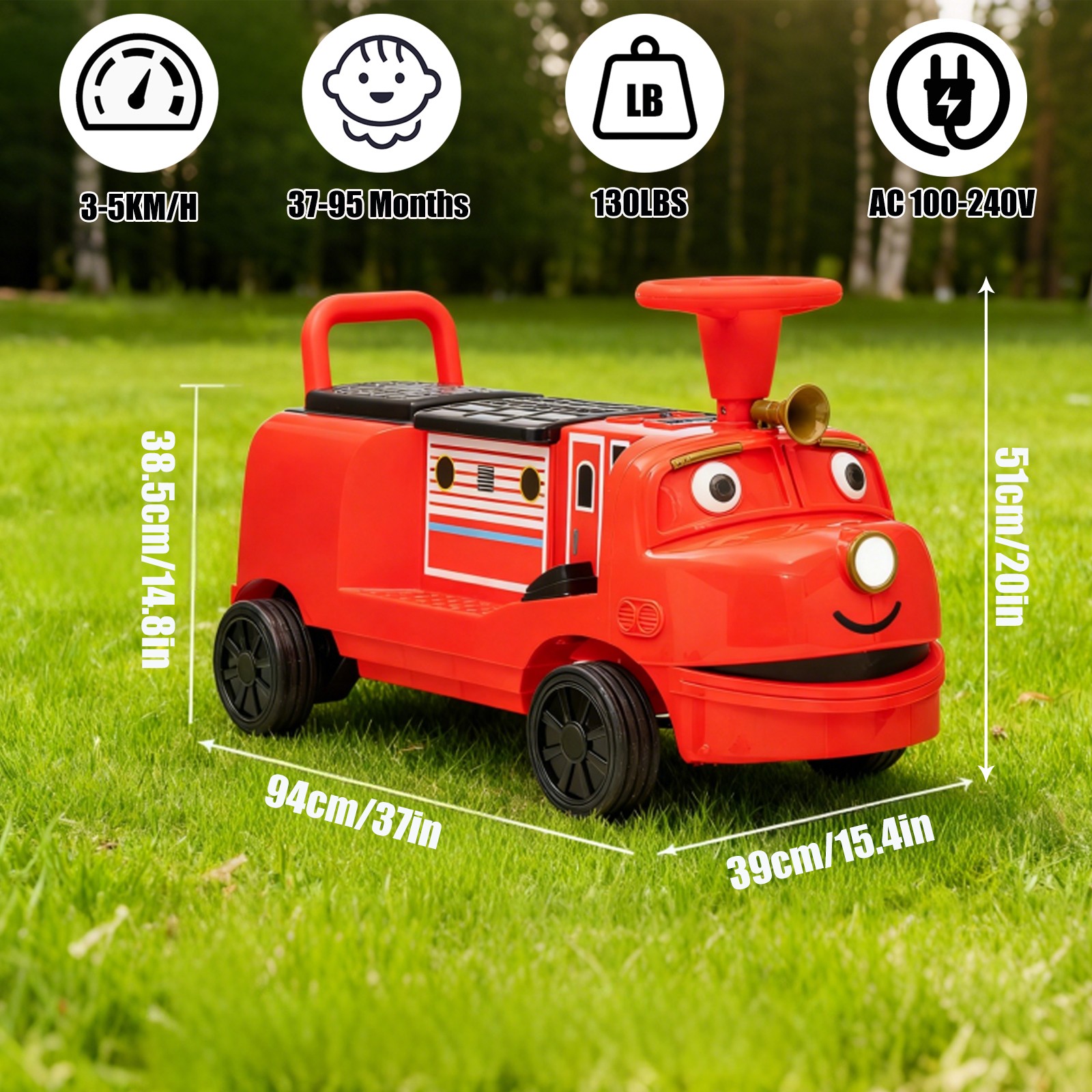 2 Seater Ride On Train Trackless 12V Kids Ride On Toy Car 2 Speed Storage, Music