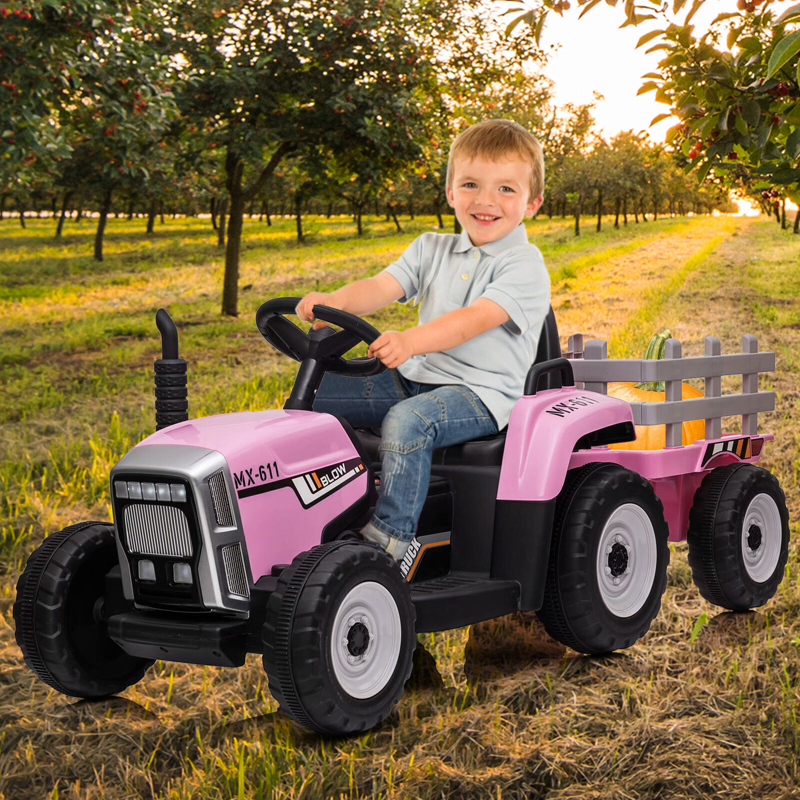 12V Kids Electric Tractor with Trailer Toddler Ride On Car w/ Remote Control