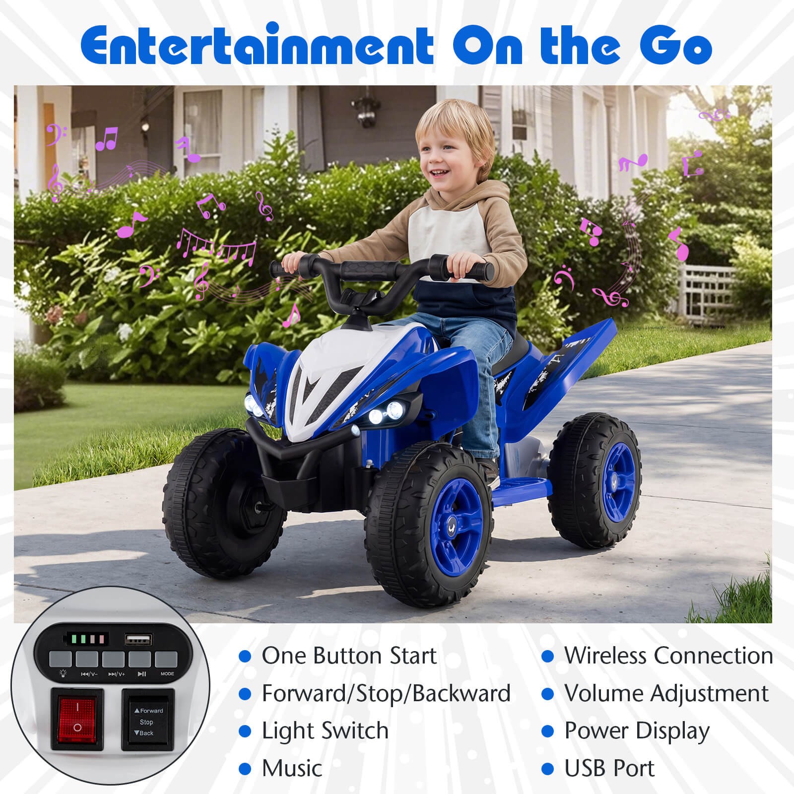 12V Quad 4 Wheeler Ride on Toy w/ Music, Light, USB Port, Wireless Connection