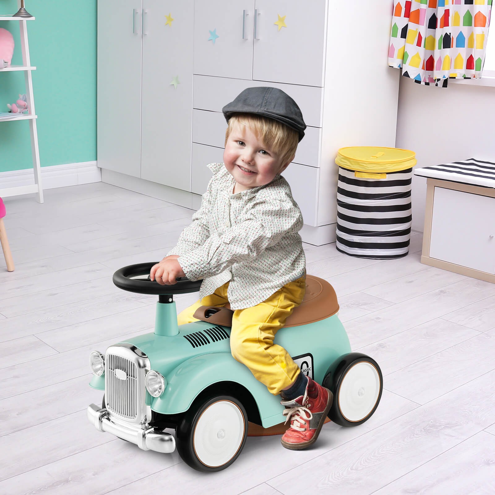 Retro Kids Ride-on Toy w/ Working Steering Wheel, Storage Space, DIY Stickers