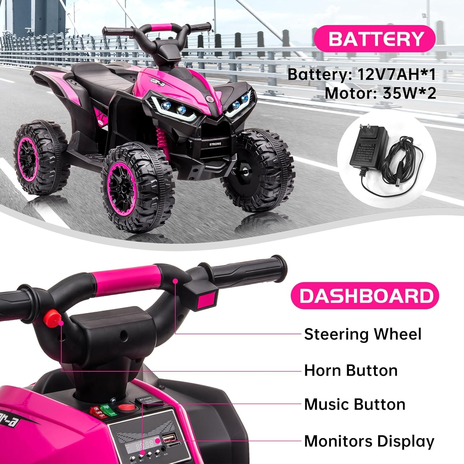 Kids 12V Electric Ride On ATV 4-Wheeler Toy Car with Music & Foot Pedal Quad