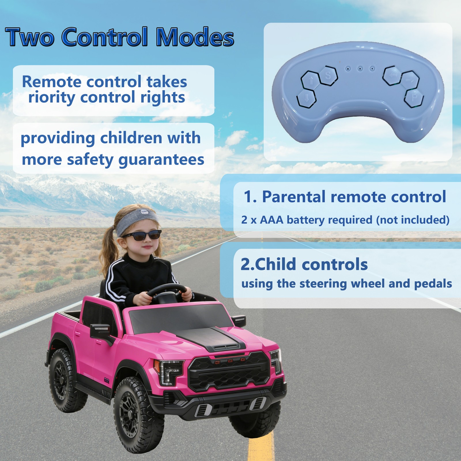 12V Kids Ride-On Car Remote Control, 4-Wheel Shock Absorption 3-6 Years Pink