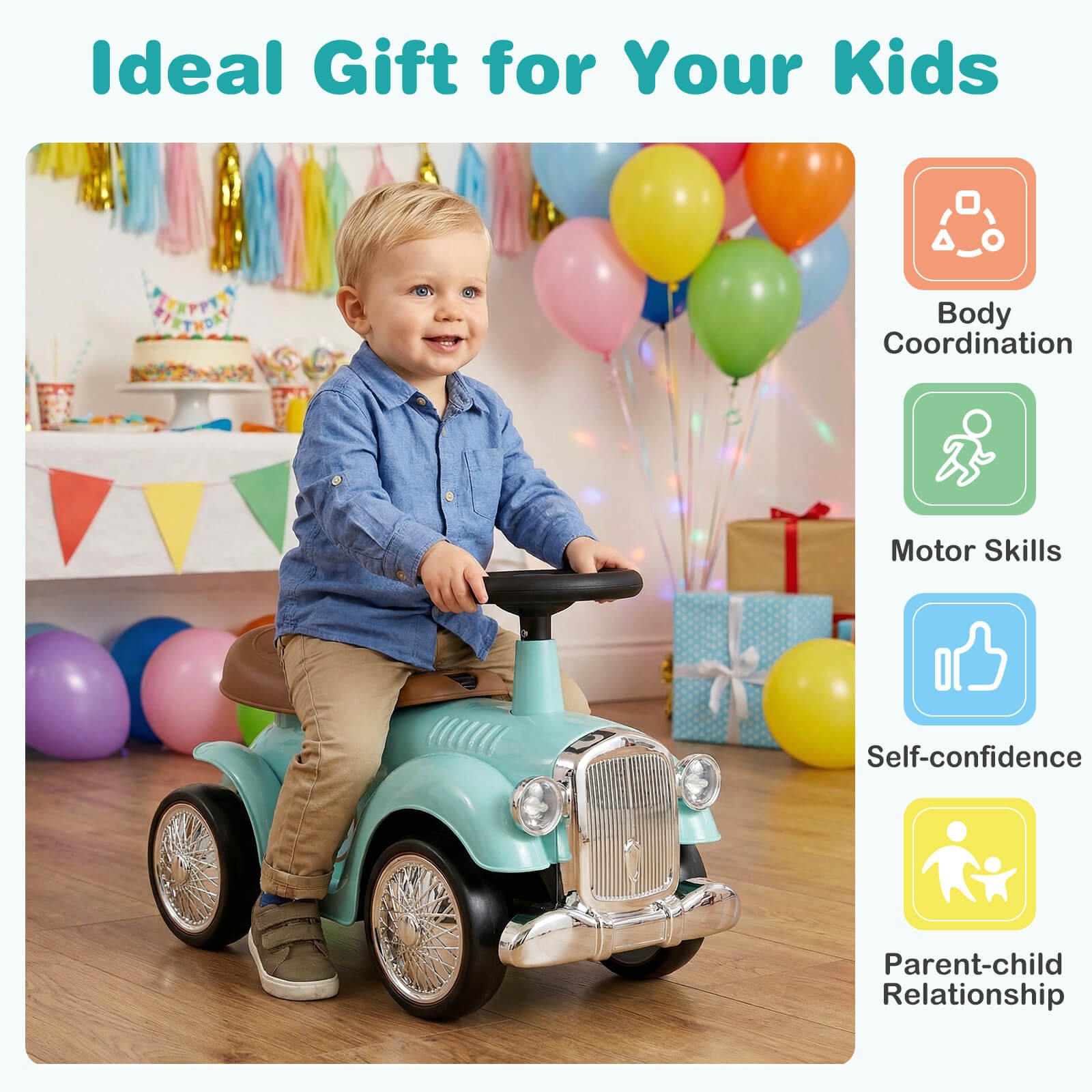Retro Toddler Ride-on Toy 40° Limit Steering w/ Storage Space, DIY Stickers
