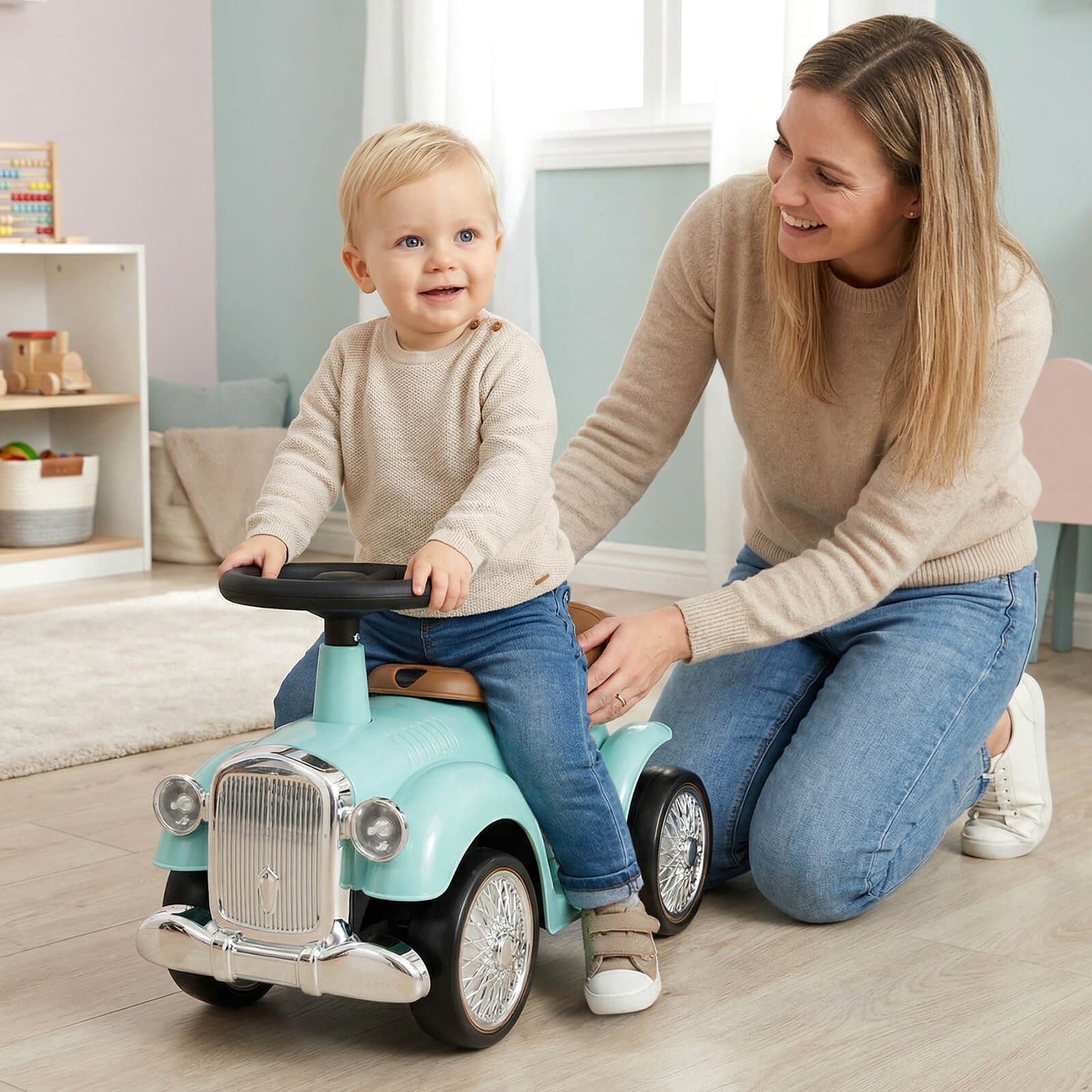 Retro Toddler Ride-on Toy 40° Limit Steering w/ Storage Space, DIY Stickers