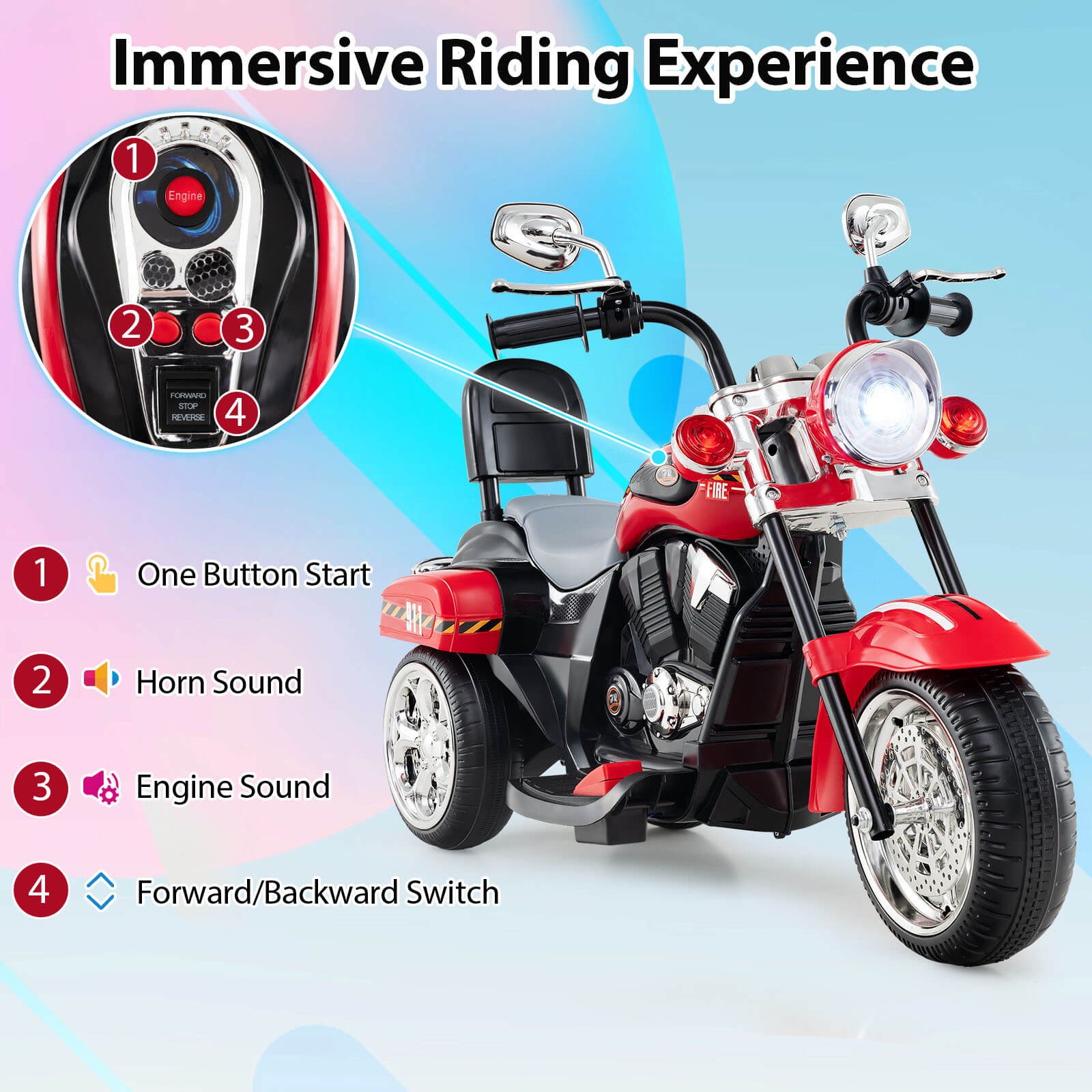 6V Kids Ride On Chopper Motorcycle 3 Wheel Trike w/ Headlight and Horn