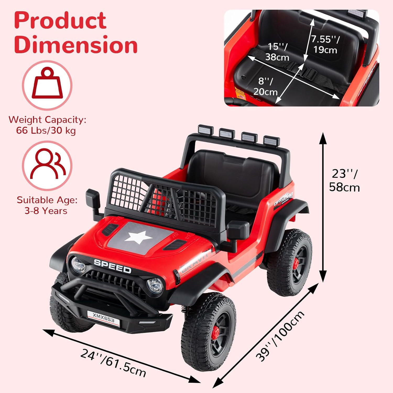 24V Ride on Car with Remote Control, Bluetooth, LED Lights, Horn, Spring Suspens