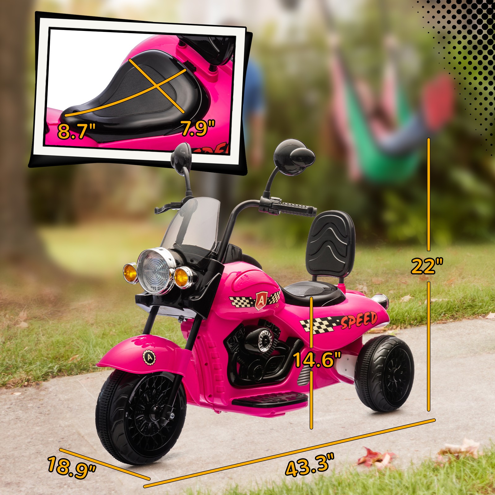 6V 3 Wheel Electric Motorcycle for Kids w/ Headlights, Music, Pink