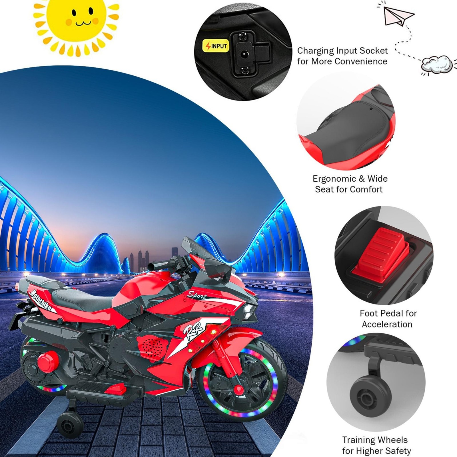 12V Kids Electric Motorcycle LED Lights Ride On Toy Bike 2 Wheels Birthday Gift