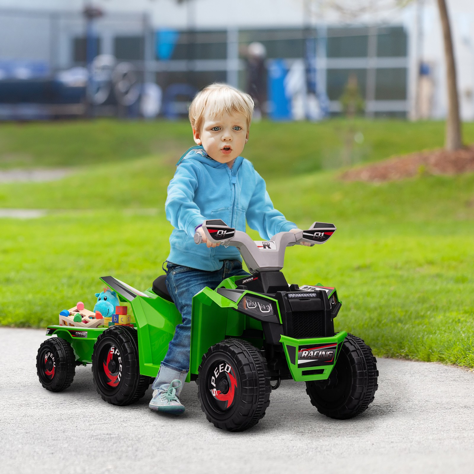 6V Kids ATV Quad Car with Back Trailer, Forward Backward Green