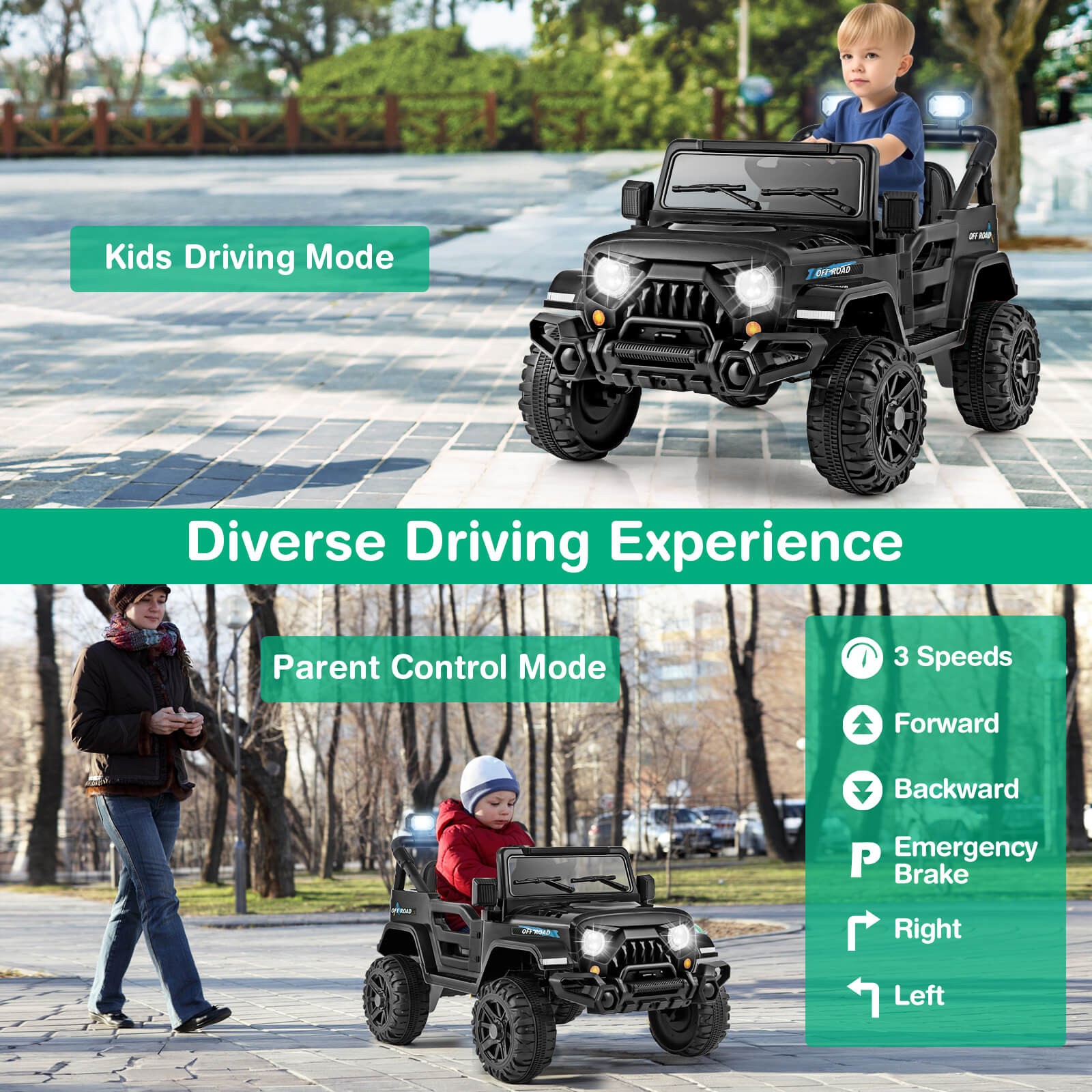 12V Kids Ride on Truck Car w/Remote Control, Threaded Wheels 3 Speeds LED Lights