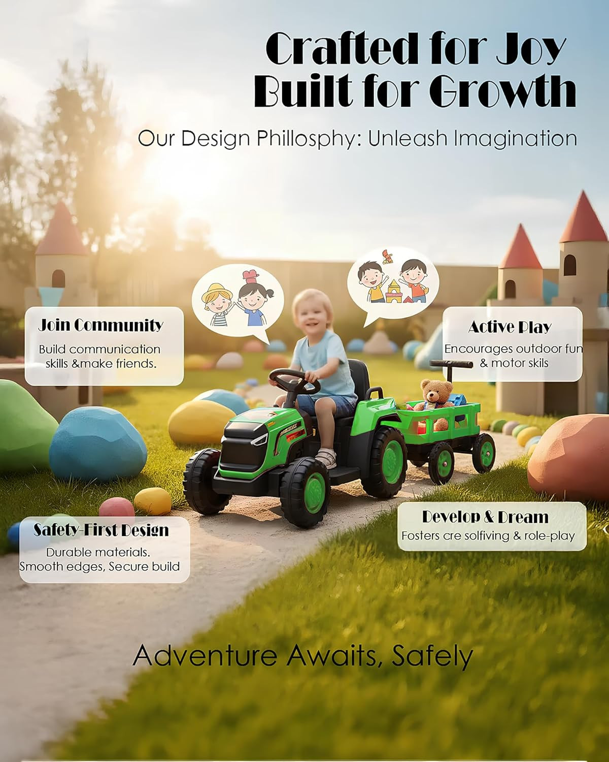 Toddlers Ride on Tractor with Detachable Garden Cart, 12V Electric Kids’ Vehicle