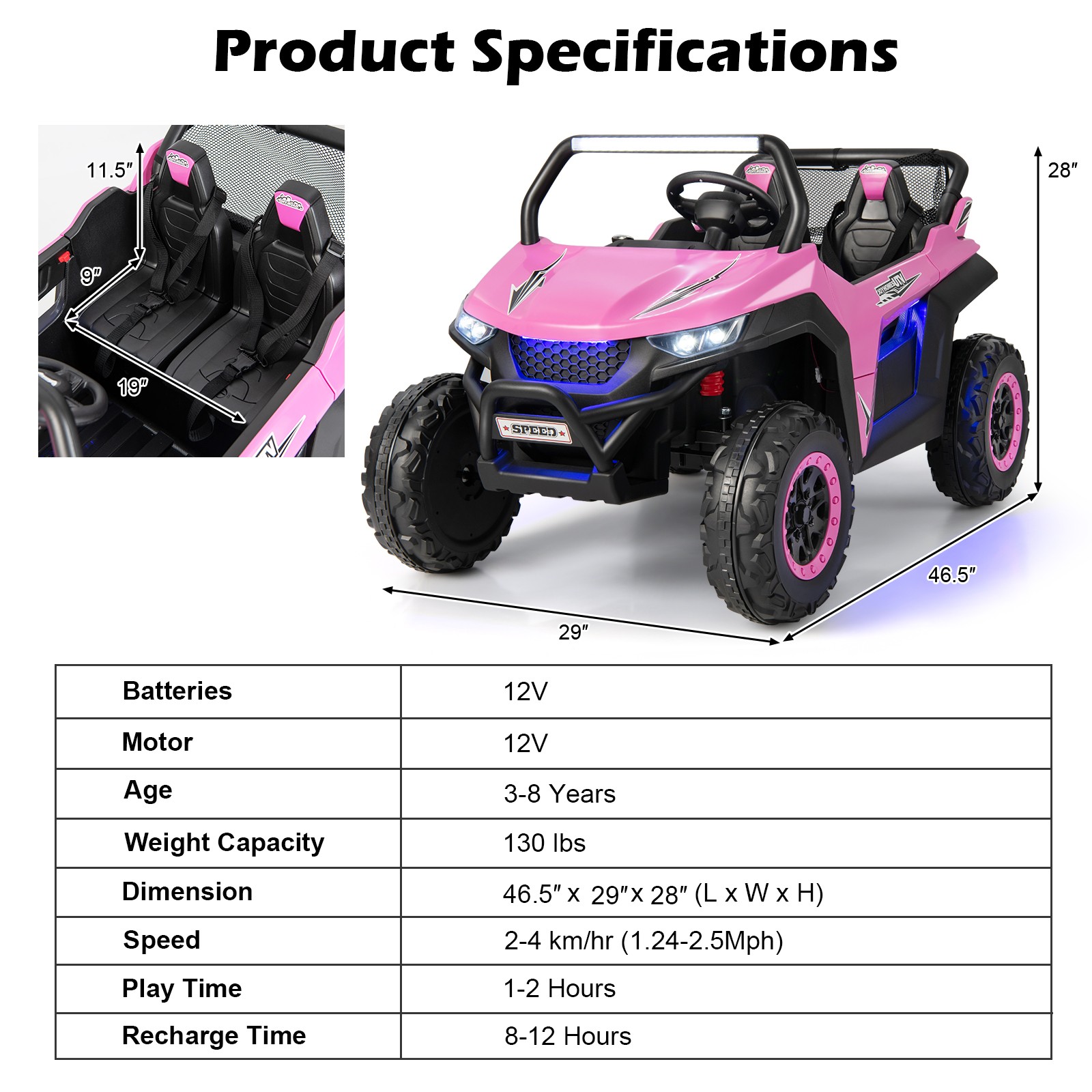 2-Seater Kids 12V Ride On UTV RC Electric Vehicle Suspension w/ Lights & Music