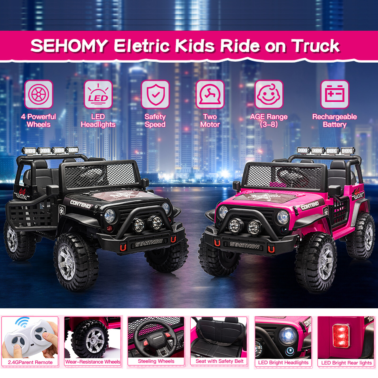 Electric 12V Kids Ride on Truck Car Jeep LED MP3 Car W/Remote Control 2 Seater
