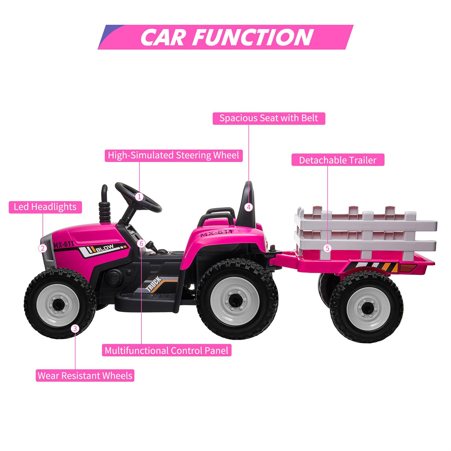 🍒Kids Ride On Tractor 12V Battery Powered Electric Tractor with Trailer Music 3