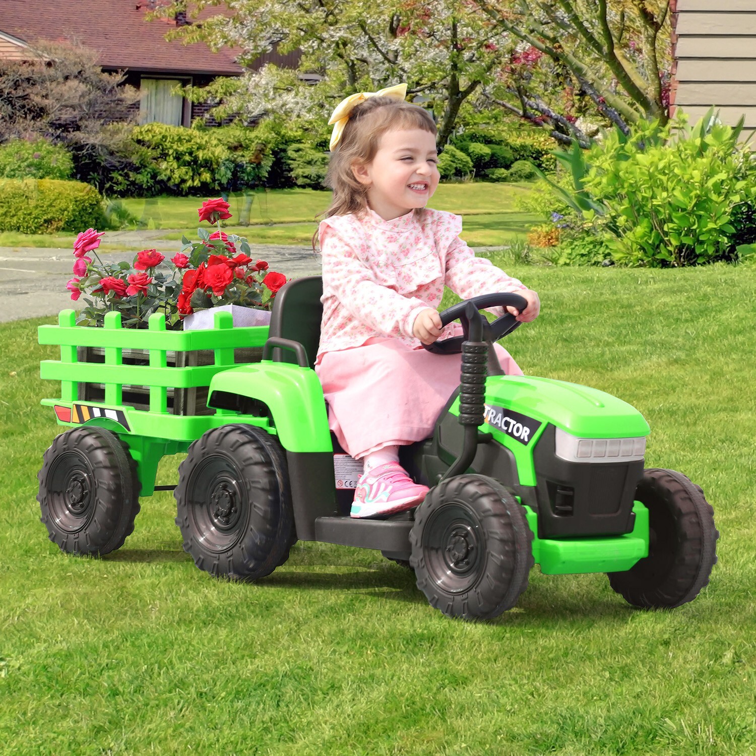 TOBBI 12V Battery-Powered Tractor Kids Ride-On Cars Electric Vehicle w/ Trailer