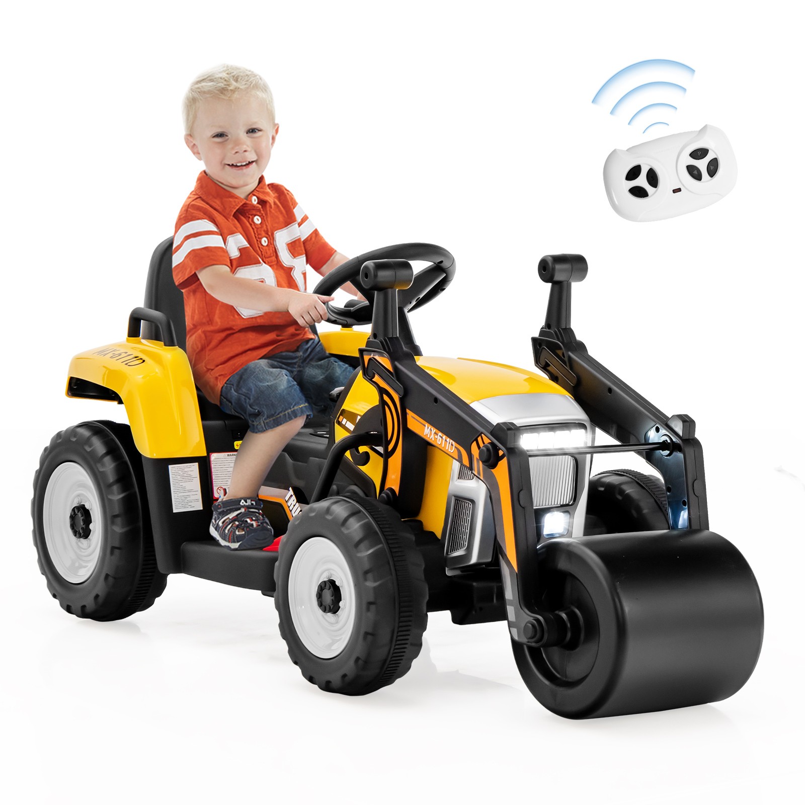 Kids Ride On Road Roller 12V Electric Tractor Remote w/ Music & LED Light Yellow