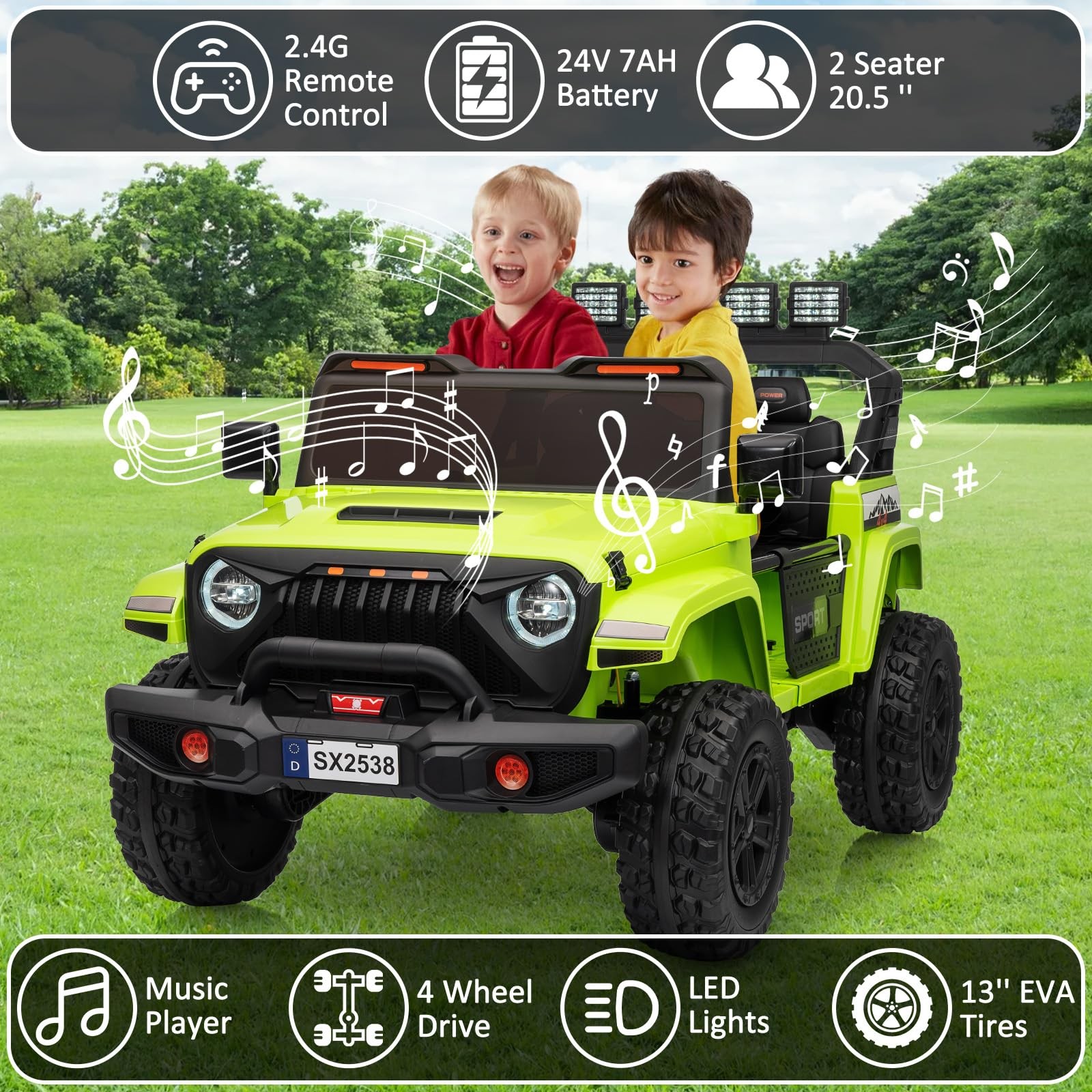 Ride On Toys 2 Seater 24V Toddler Car with Remote Control, Truck w/ 4-Wheeler
