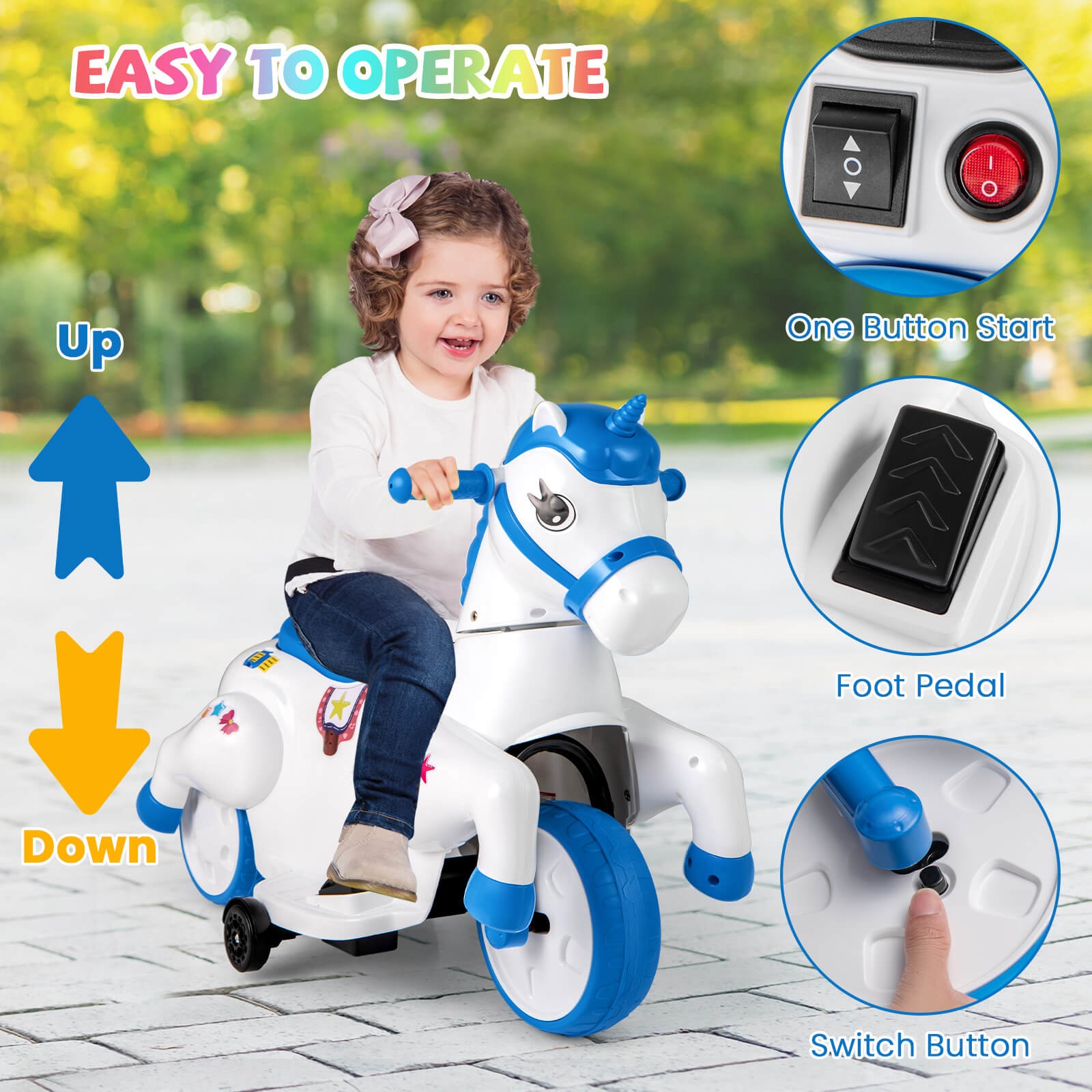 12V Kids Ride on Unicorn Toy w/ Training Wheels Music One-button Start Horse Toy