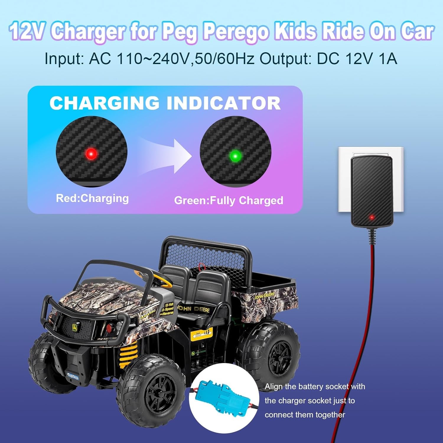 12V Battery Charger for Peg-Perego Johns Deere Ground Force Tractor Gators XUV P