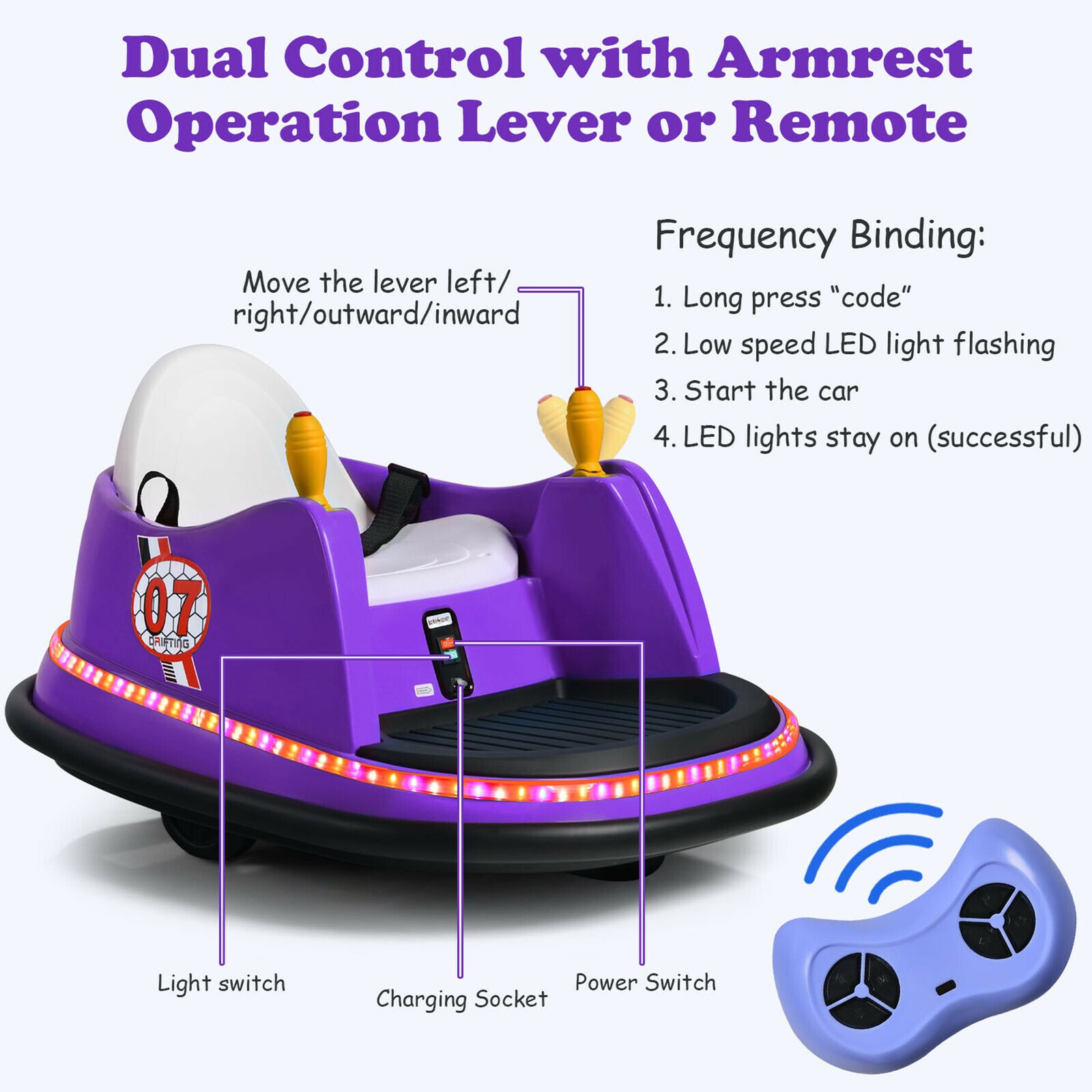 6V Kids Ride On Bumper Car Vehicle 360 Degree Spin Toy w/ Remote Control Purple
