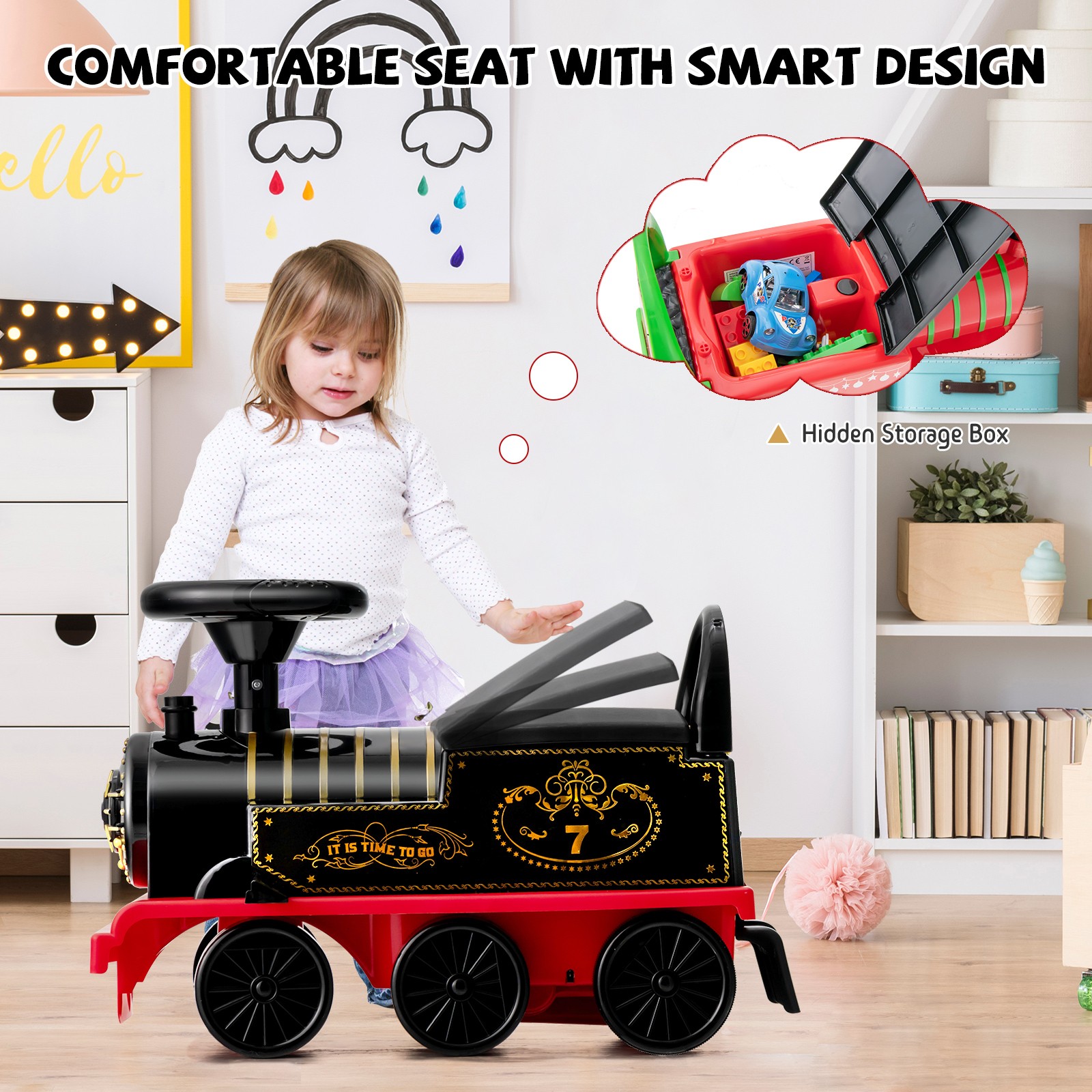 6V Electric Kids Motorized Train Toy with Unique Train Outlook & Stickers Black
