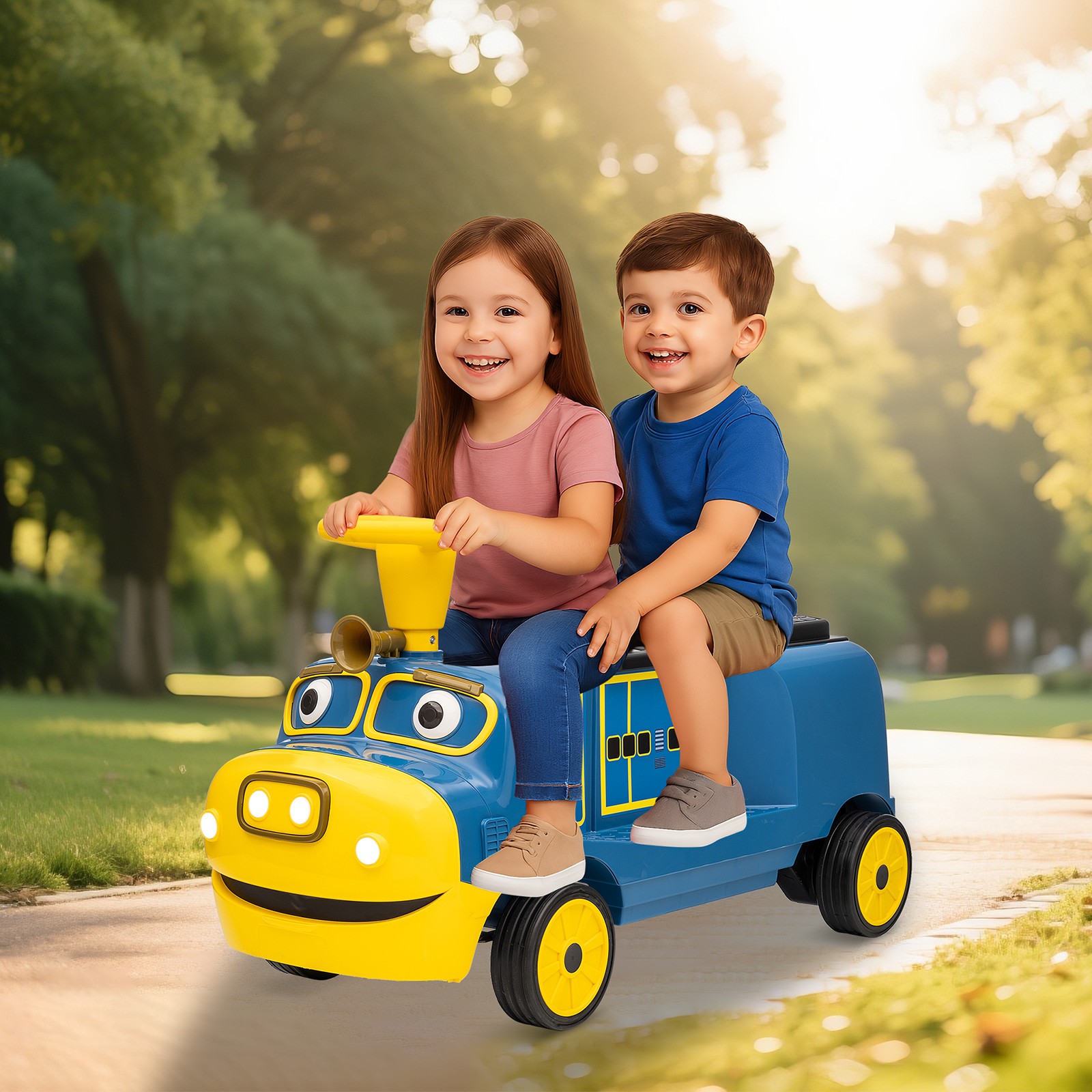 12V 2-Seater Ride On Train Trackless Electric Toy Car for Kids Music LED Lights