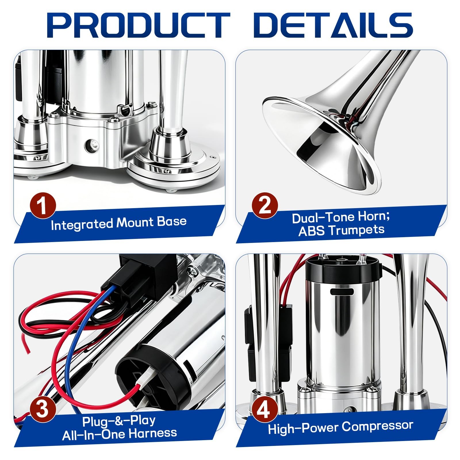 12V 600DB Super Loud Electric Air Horn, Silver Dual Trumpet Train Truck Horn …