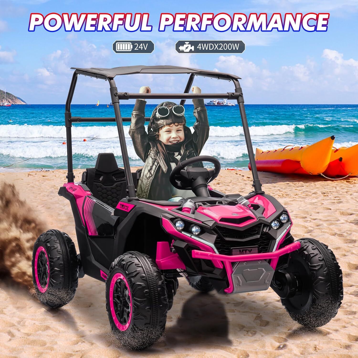 24V Ride On Utv, 2 Seater Electric Truck With Sun Shade, 4WD Electric Car Toy
