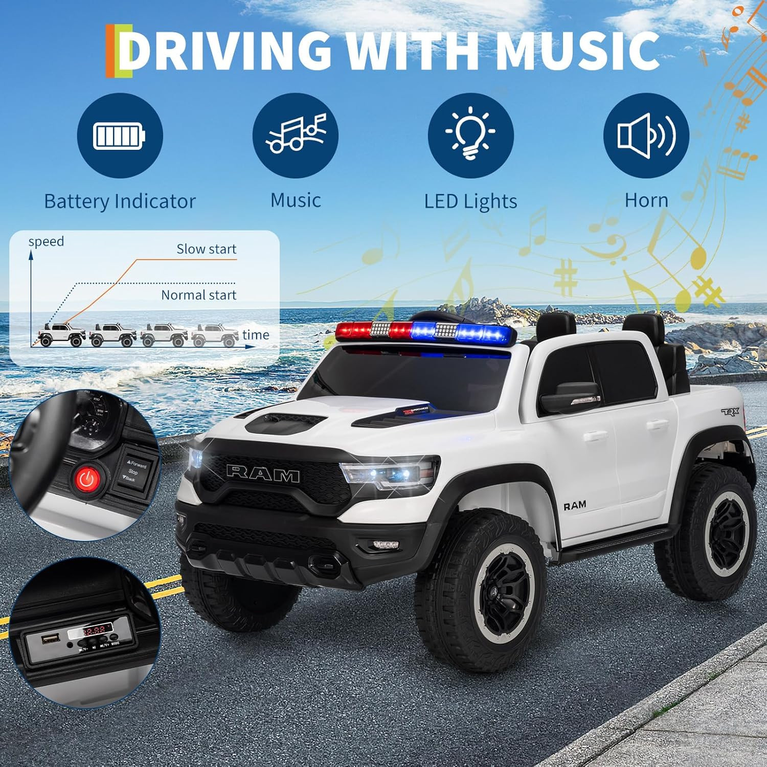 Ride on Car, Licensed RAM 12V Kids Ride on Police Car with Remote Control, Elect