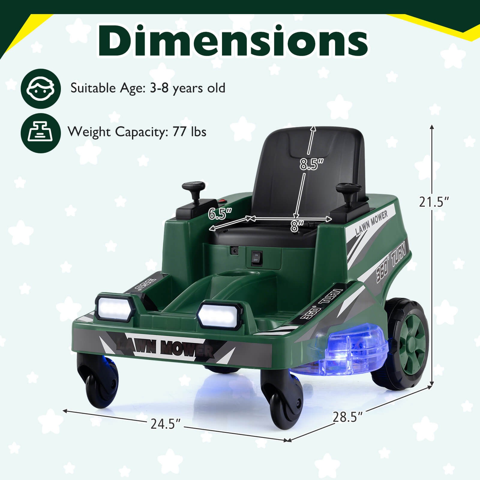 12V Ride on Lawn Mower w/Dual Control Sticks LED Lights Twist Turn for Aged 3-8