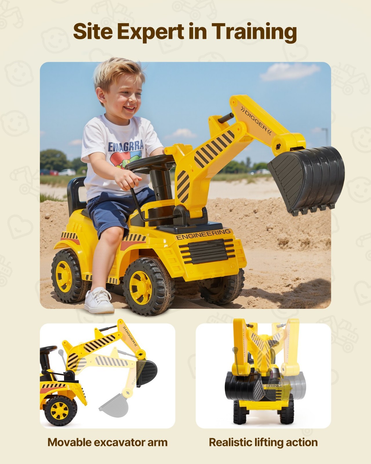 Ride On Toddler Excavator Push Car 19-36 Months Music Helmet 55 lbs Foot to Floo