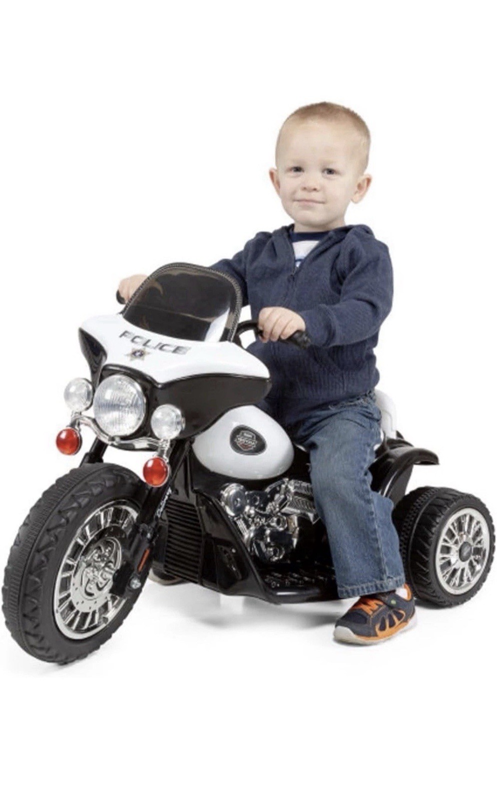 Kids Motorcycle – 3-Wheel Ride Police Decals &Headlights – 6V Electric (Black)