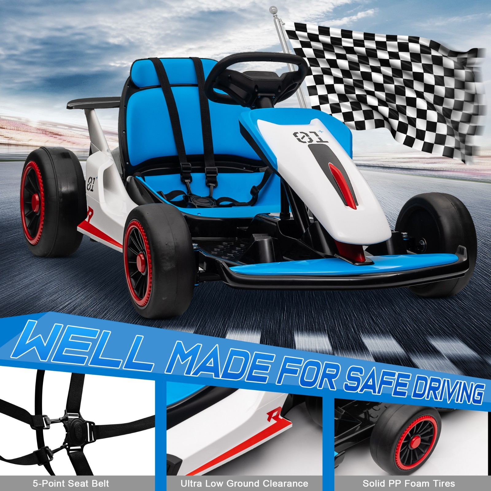 24V 2WD Ride On Race Car for Kids, Drift Kart Car W/ 10Ah Large Battery for Ages