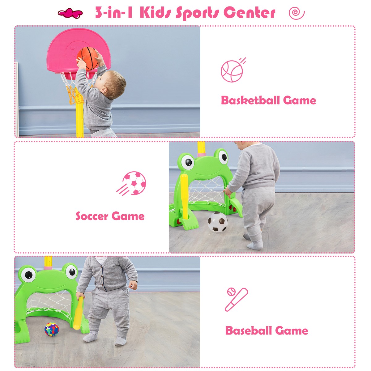 3-in-1 Kids Basketball Hoop Set Stand Adjustable Sports Activity Center w/ Balls