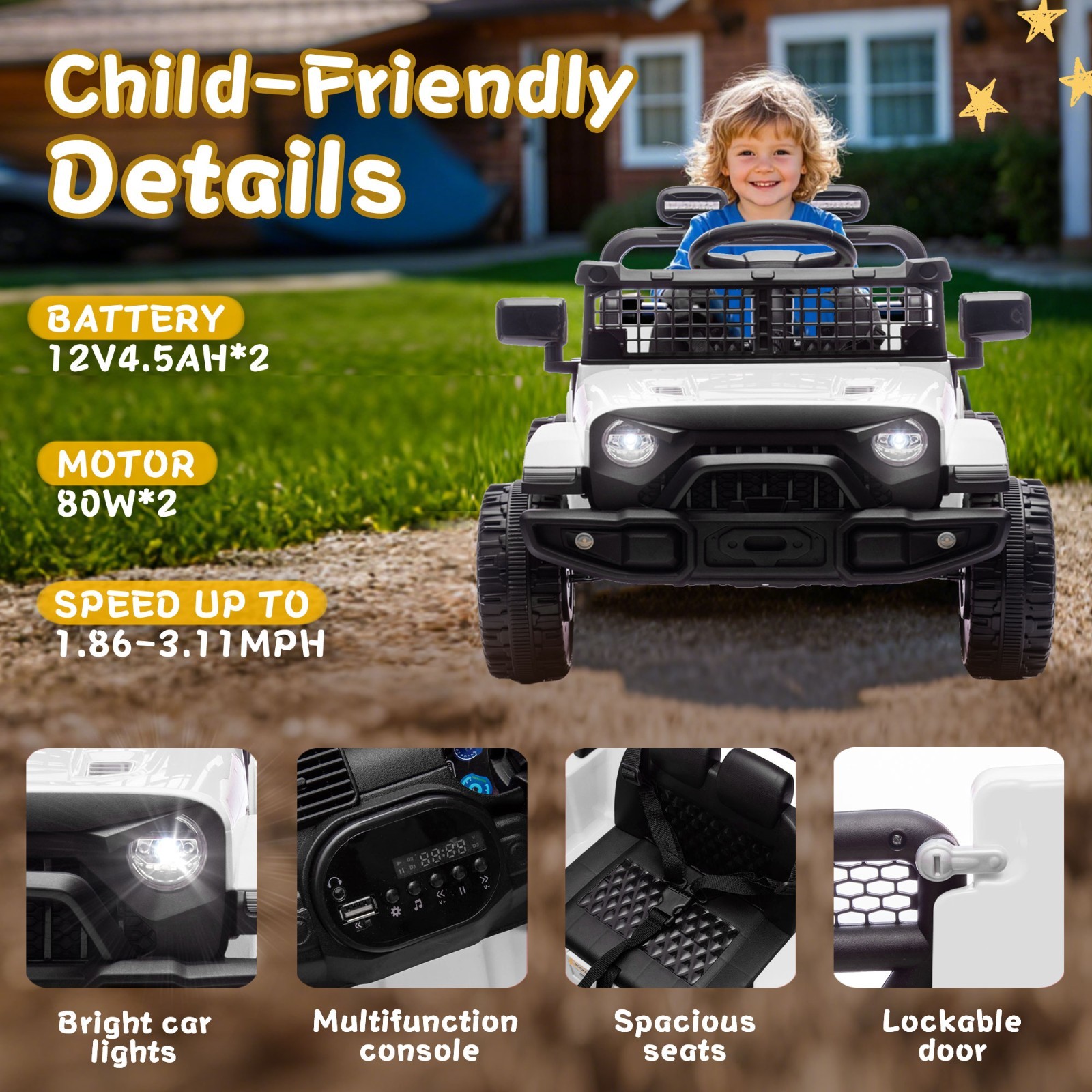 24V Kids Ride on Electric Car w/Remote, Power Wheels Toys for Boys & Girls,White