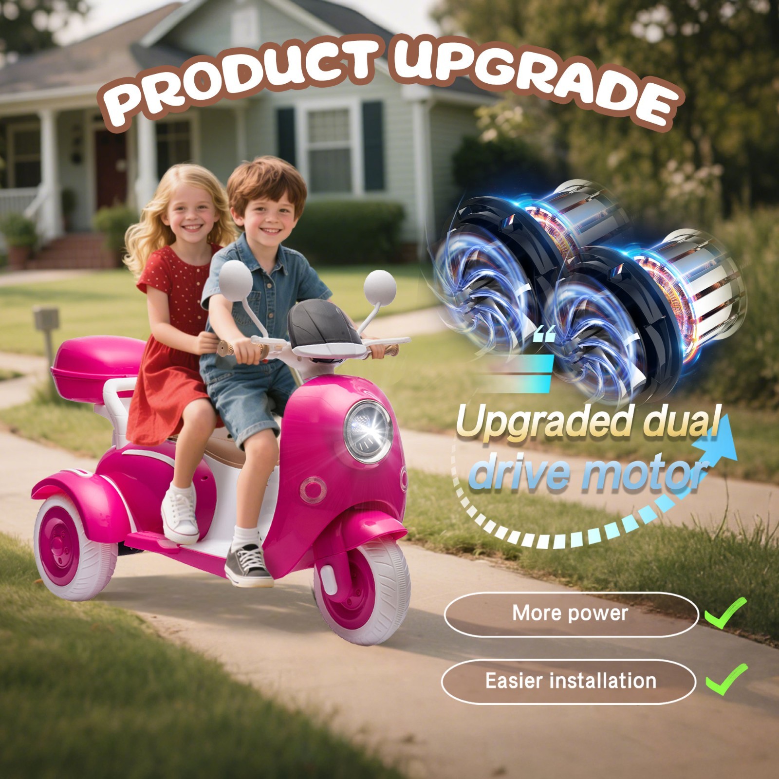 12V Ride on toys Kids Electric Motorcycle 2 Seater w/Bluetooth,LED, Rose Red