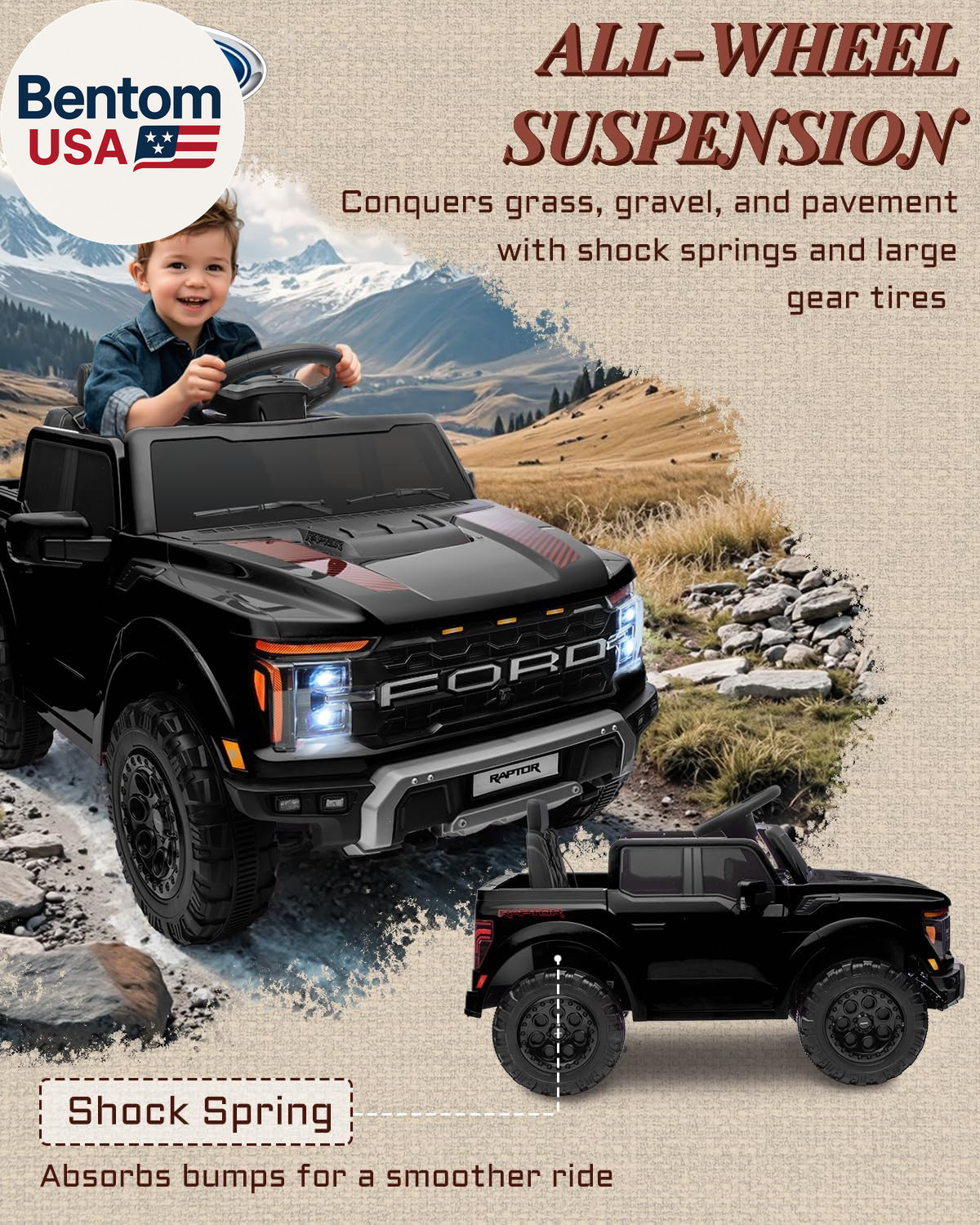 12V Licensed Ford F-150 Raptor Kids Ride on Toy, Ride on Truck with Parent Remot