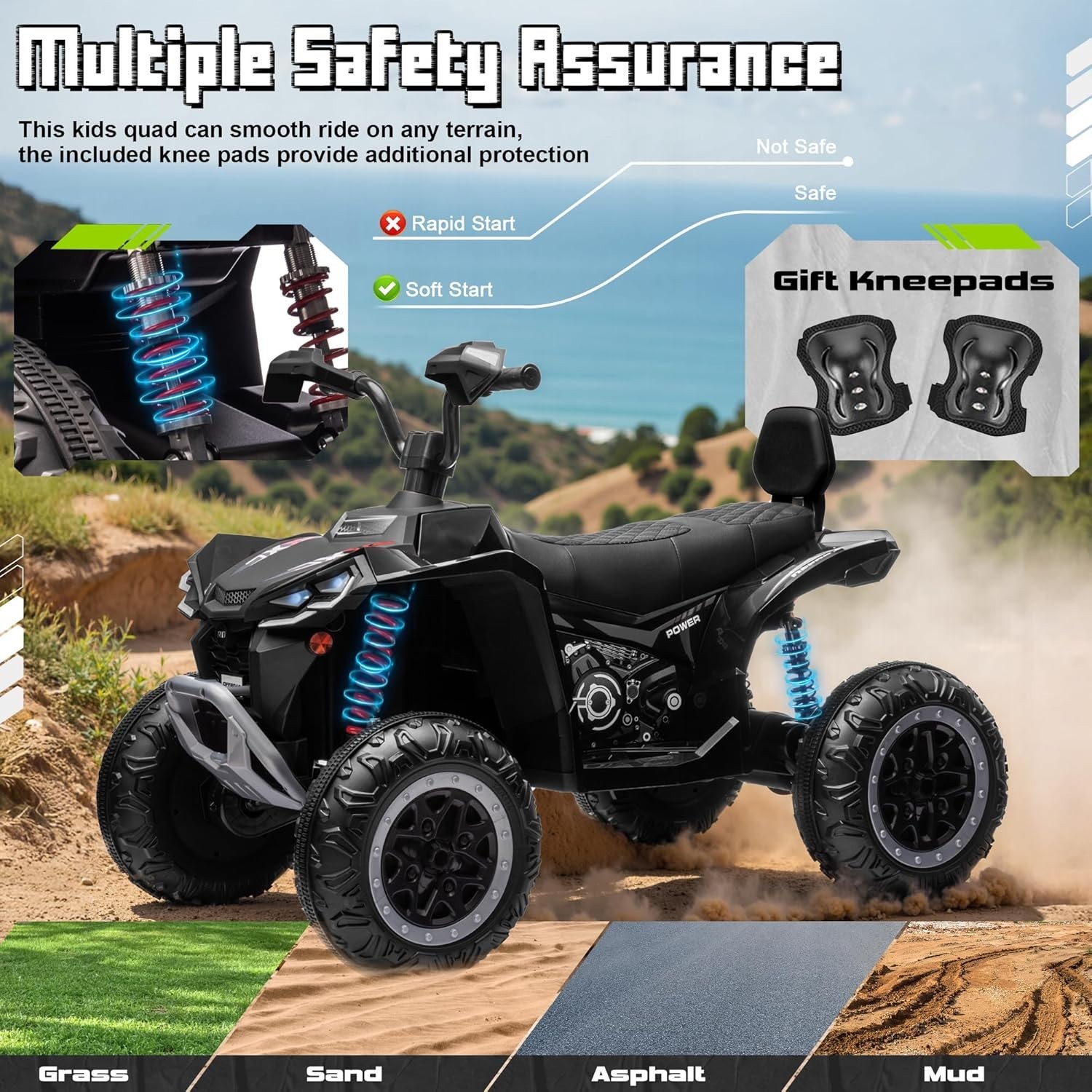 24V 4WD 2 Seater Kids Electric ATV 4×200W Ride On Toy Car 7AH Battery w/ Kneepad