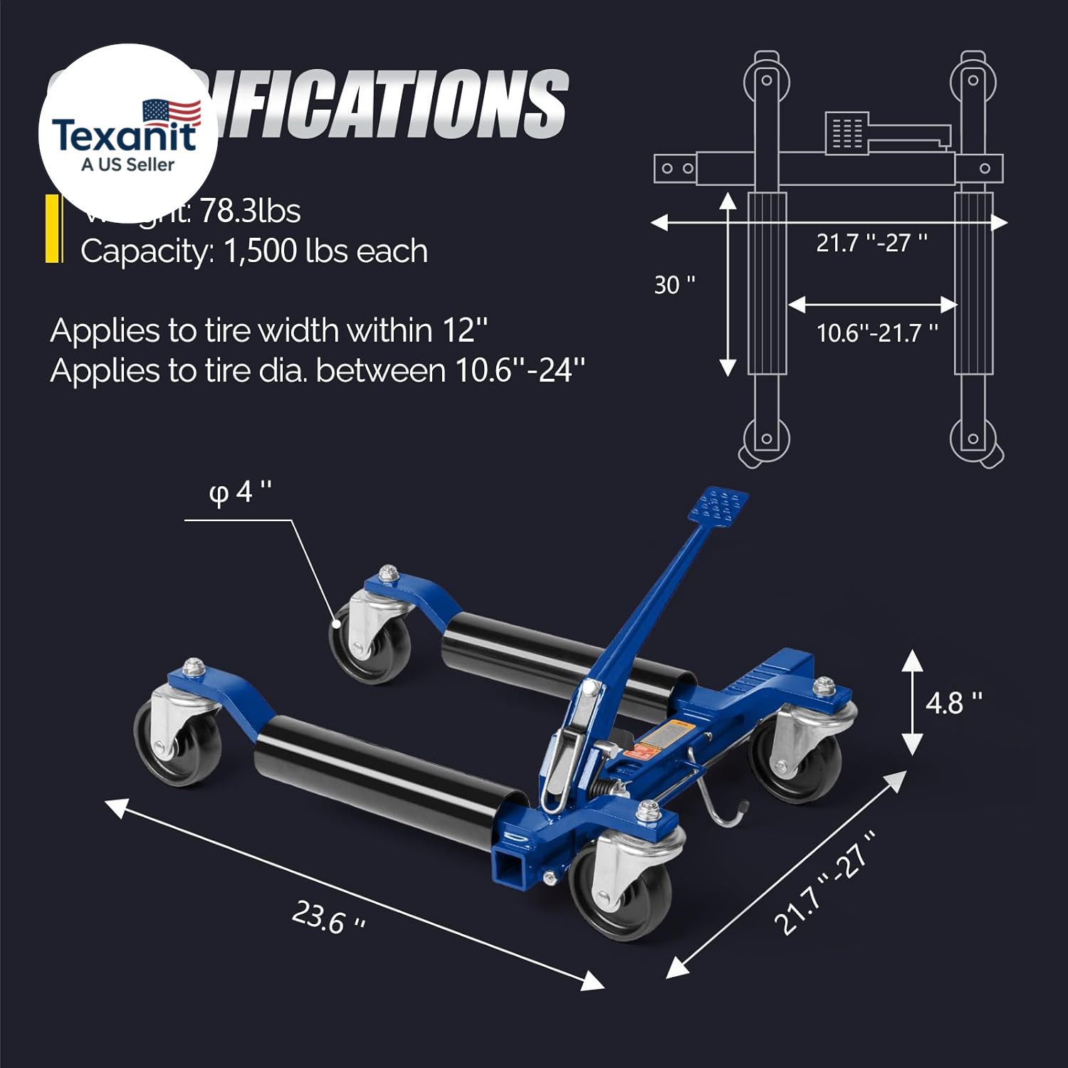 Car Wheel Dolly Jack Set of 4, Mechanical 1500-Lbs Car Skates, 12” Wheel Vehicl