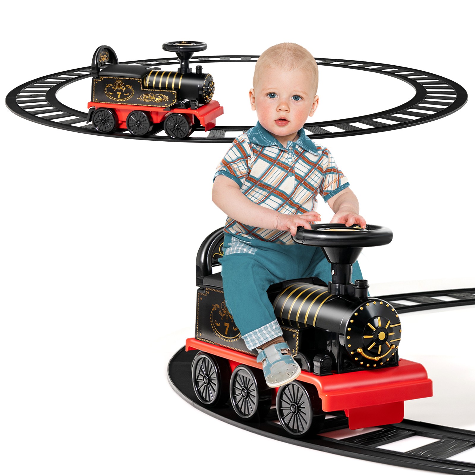 6V Electric Kids Motorized Train Toy with Unique Train Outlook & Stickers Black