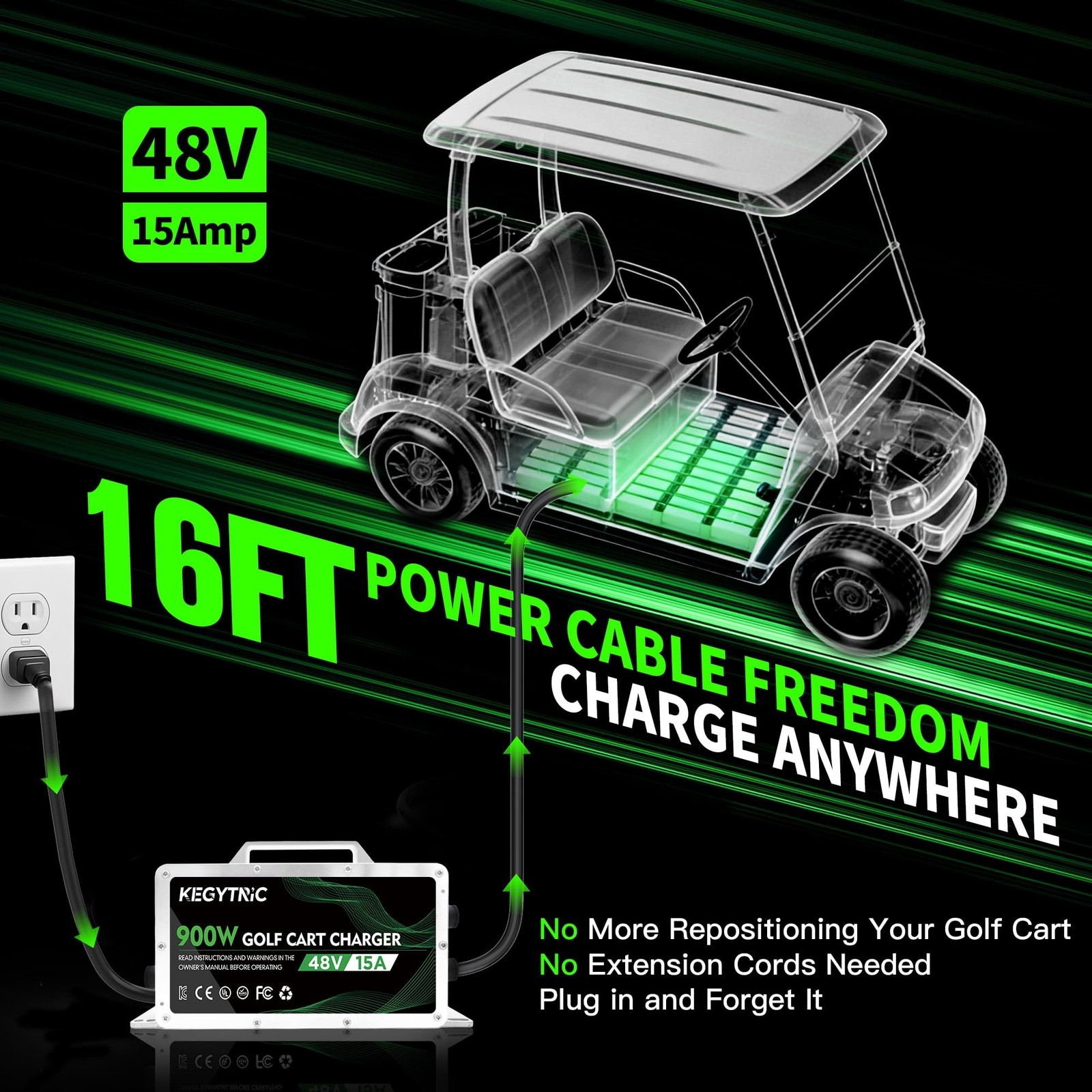 Club Car Battery Charger, 15 AMP 48 Volt Golf Cart Charger with 3-Pin Round P…