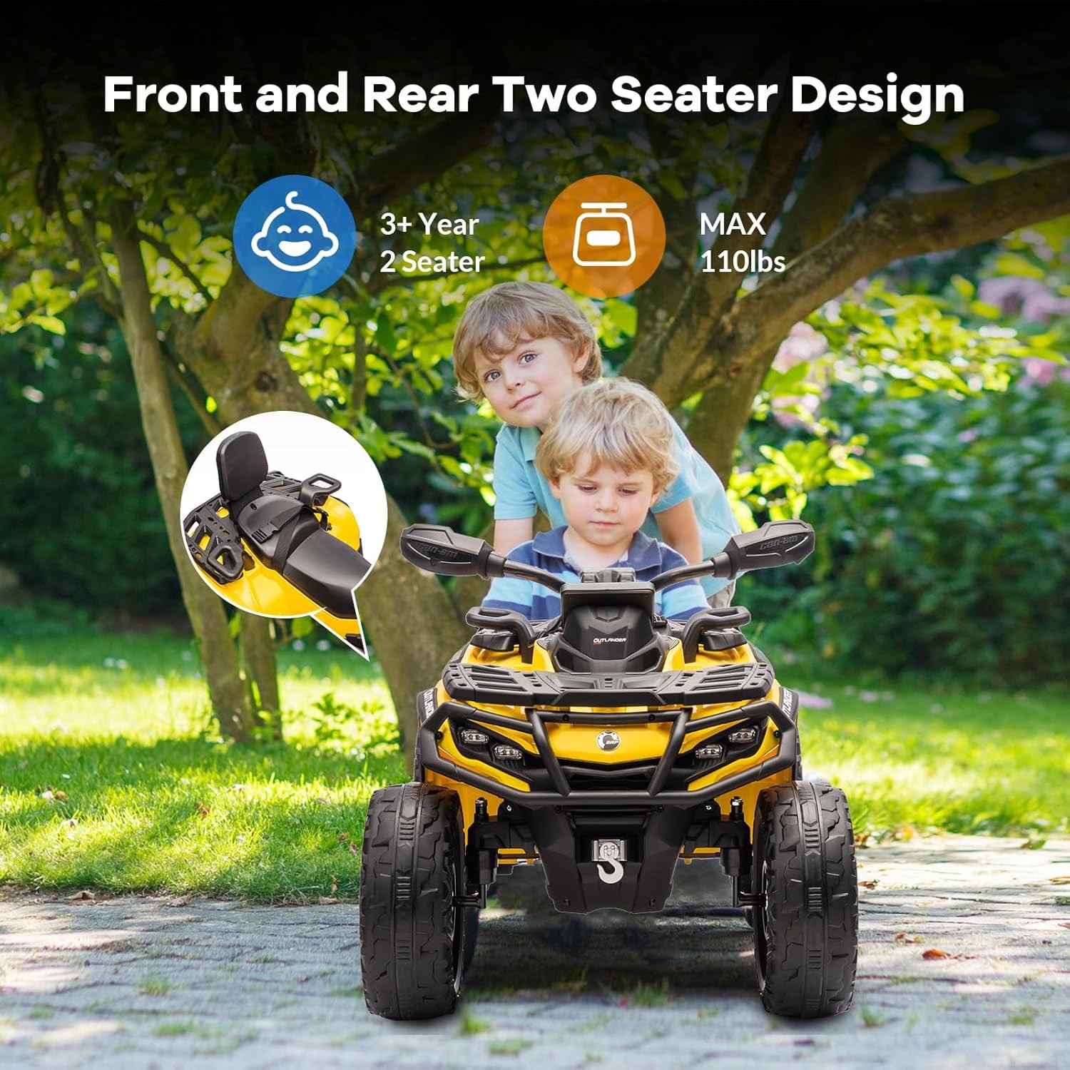 Multicolor 12V Kids ATV 2-Seater W/ Remote, 2-4 MPH LED Lights & Bluetooth Music
