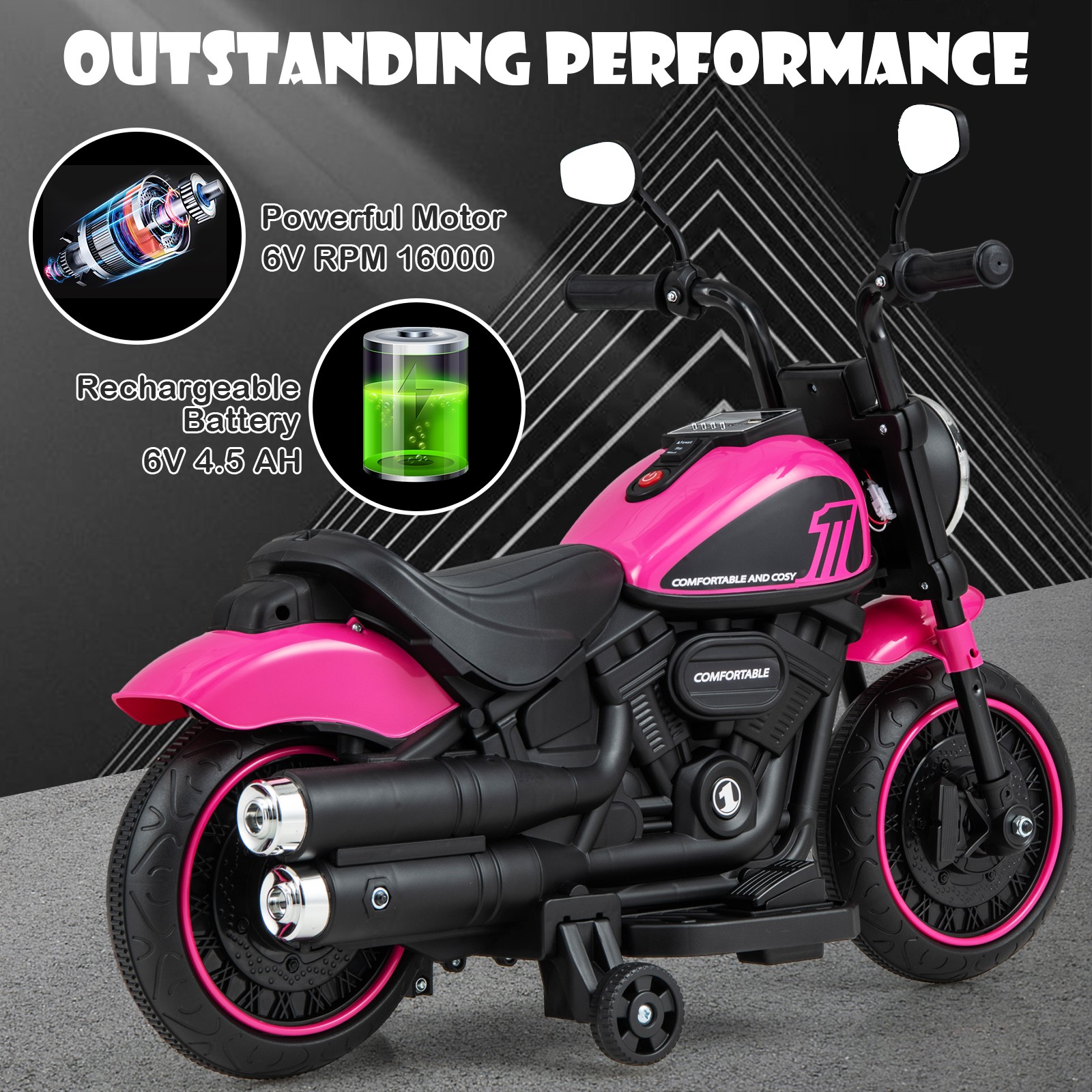 6V Kids Electric Motorcycle w/ Training Wheels LED Headlights Music Board Pink