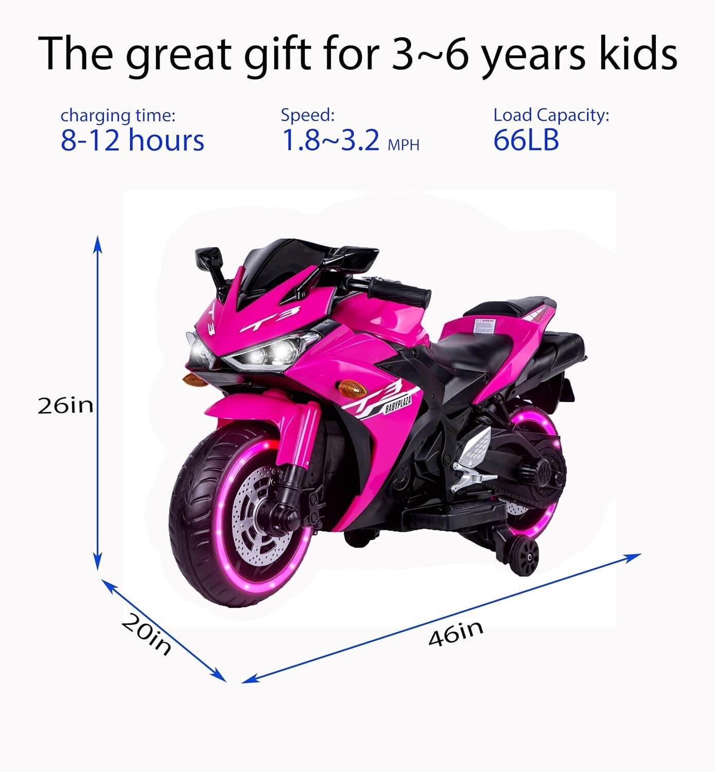 Kids Electric Motorcycle with Trainning Wheels for 3-8 Years Boys Girls,Pink