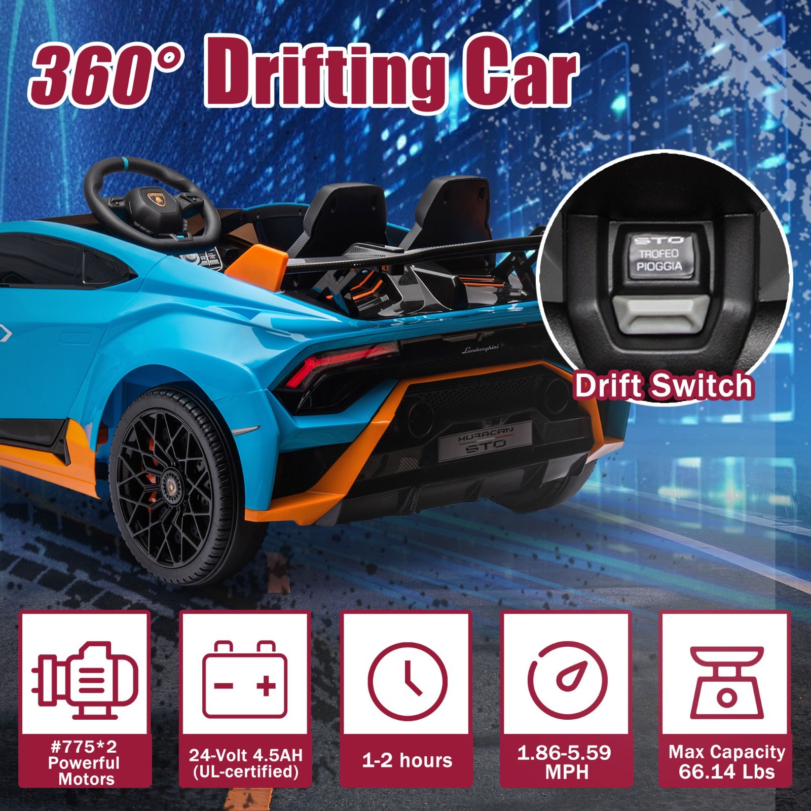 24V Kids Electric Car Ride On Drift Lamborghini Licensed STO Toys w/Remote, Blue