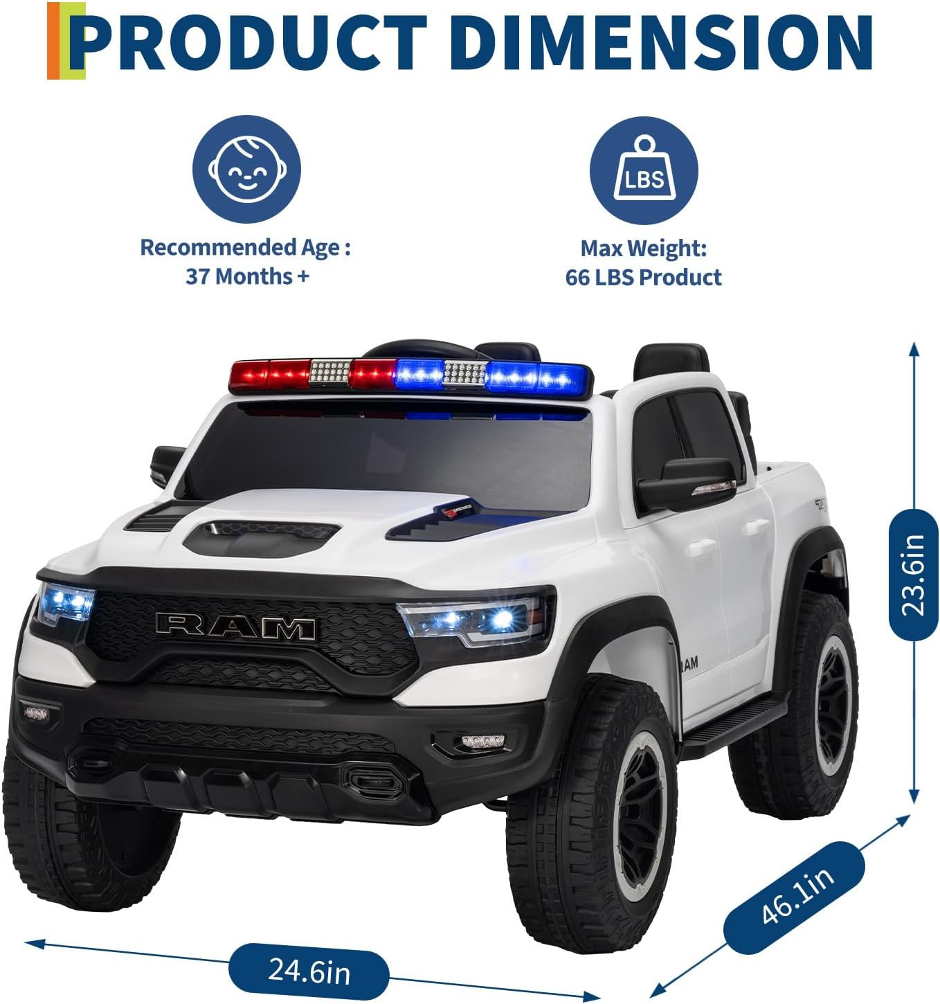 Ride on Car, Licensed RAM 12V Kids Ride on Police Car with Remote Control, Elect