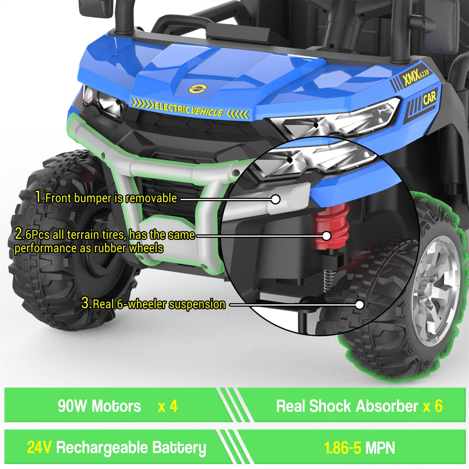 24V Ride On Dump Truck with Electric Dump Bed 6 Wheeler Kids UTV Car Two Seats